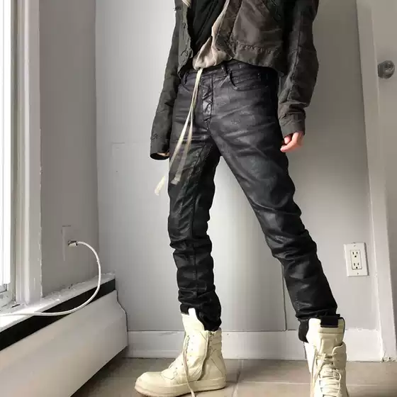 Oneofyou Dark Series Coated Waxed Pants Men's Ro Style Wax Pants Slim Fit Stretch Jeans Long Pants Trendy