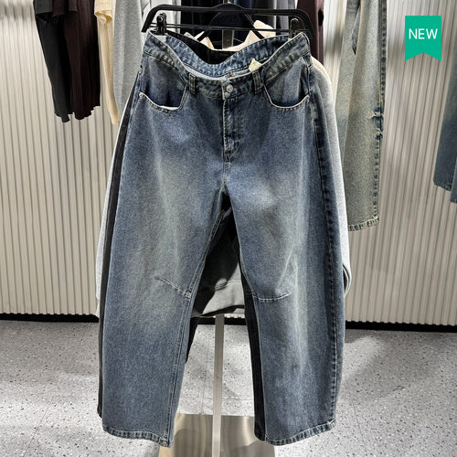 男装棉质水洗宽松桶形牛仔长裤