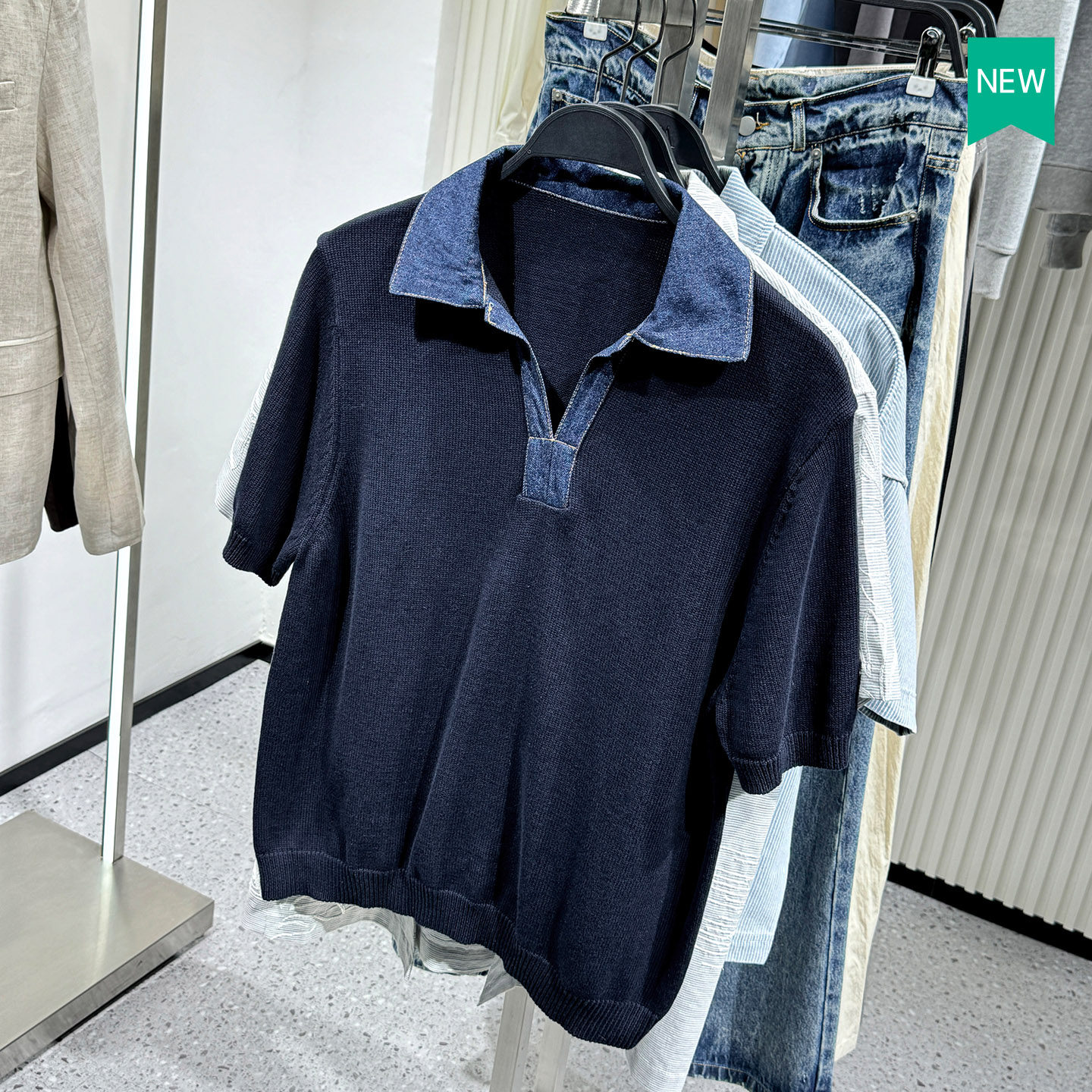 男装棉质拼接牛仔领针织POLO衫