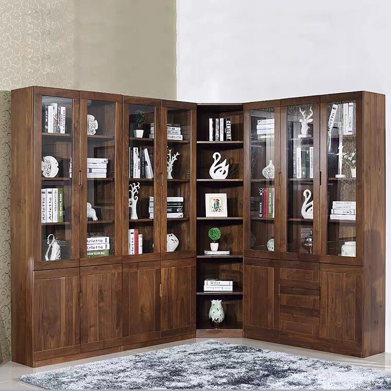 全实木书柜自由组合书架黑胡桃木家具转角原木书橱带门储物柜