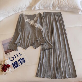 莫代尔睡衣女春秋季长袖长裤套装薄款蕾丝花边纯欲风带胸垫家居服