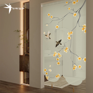 新中式 饰半透短帘卧室厨房免打孔隔断遮挡隐私半截门帘 花鸟山水装