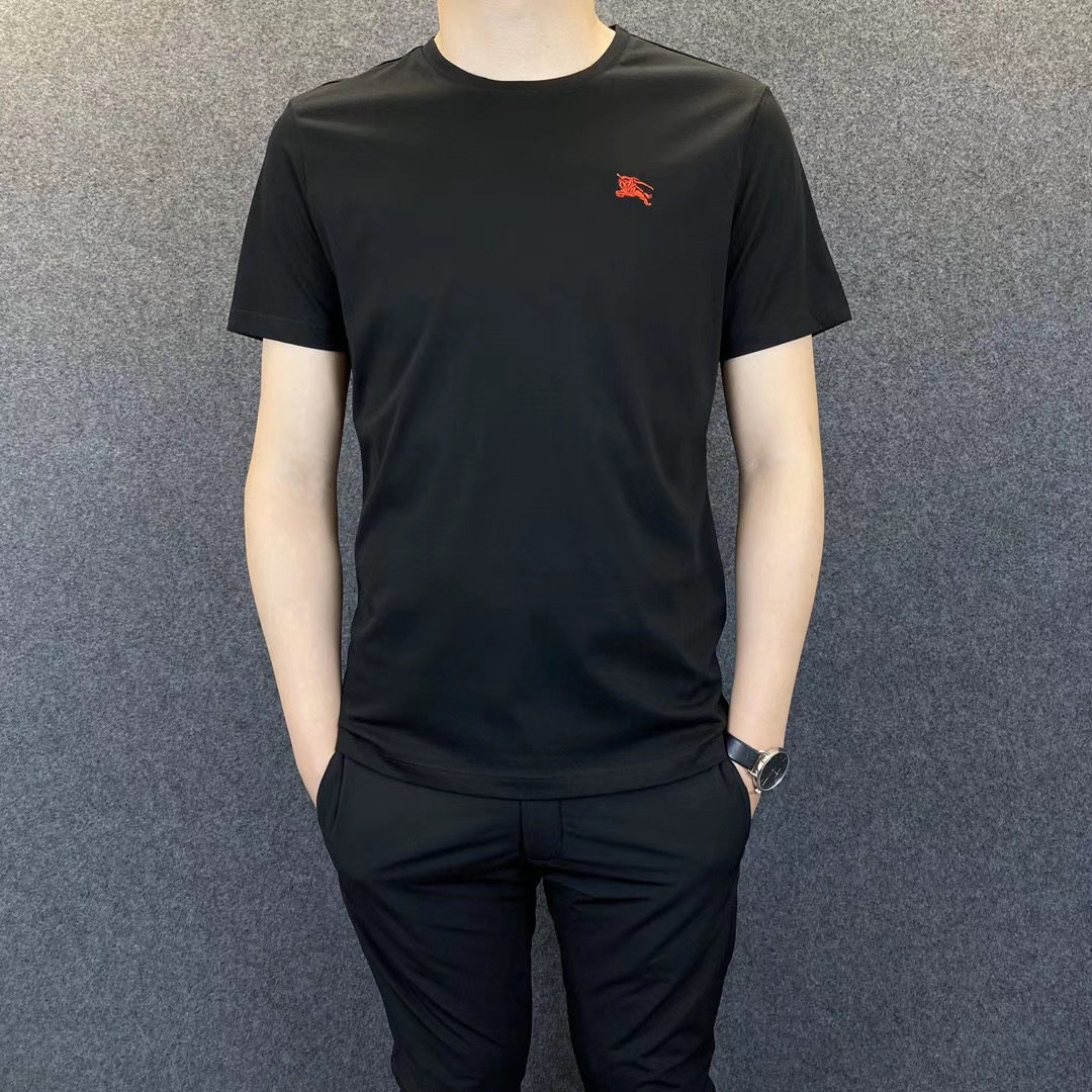 夏季男士新款巴宝莉纯色圆领战马刺绣丝光棉短袖t恤韩版修身半袖