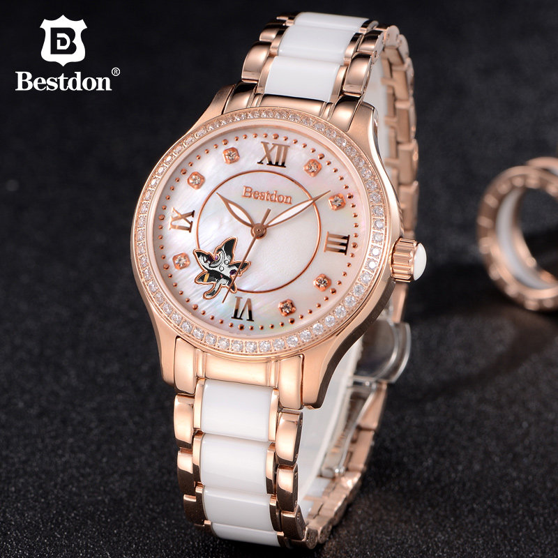 邦顿陶瓷手表女款正品女名牌全自动机械表进口芯白色防水镂空潮流