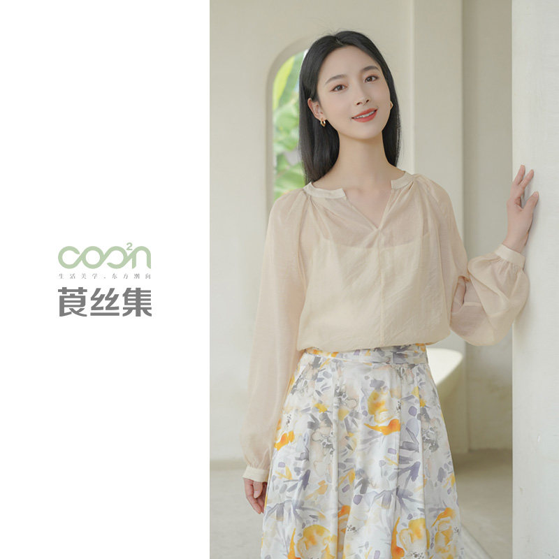 莨丝集/COO²N 小V领灯笼袖透视丝棉长袖衬衫洛丽塔女上衣-SH002