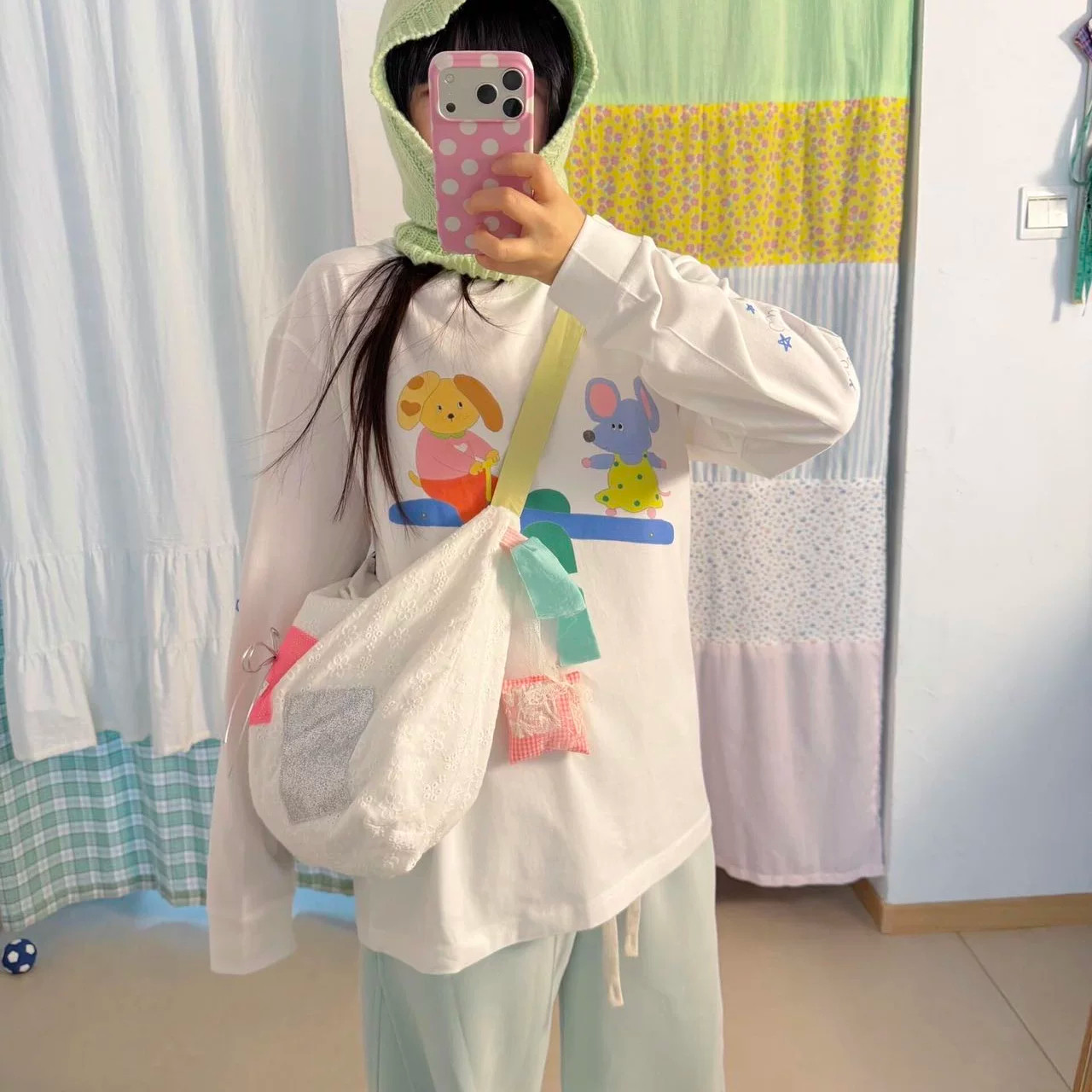 韩系ins小众趣味卡通跷跷板印花长袖T恤女慵懒宽松百搭打底上衣秋