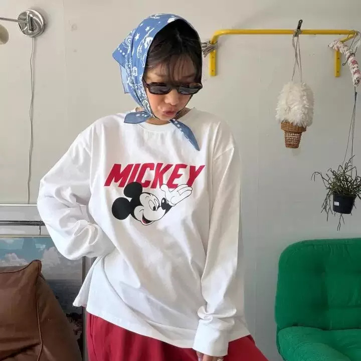 韩国小众ins风卡通米奇印花长袖T恤女秋季休闲宽松百搭打底衫上衣