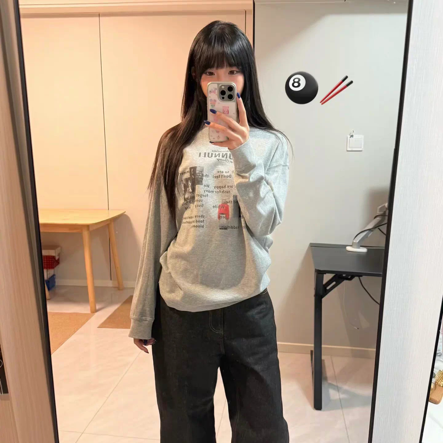 韩系ins小众字母印花灰色长袖T恤女秋季宽松百搭设计感圆领上衣
