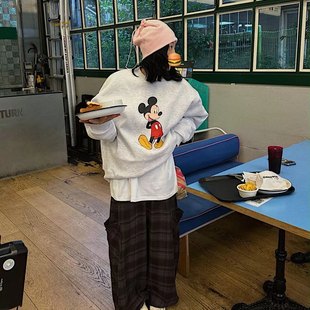 韩国小众ins趣味卡通印花无帽卫衣女秋冬加绒宽松慵懒风套头外套