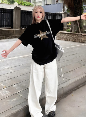 黑色纯棉短袖T恤女2026新款宽松圆领印花上衣显瘦通勤风半袖体恤