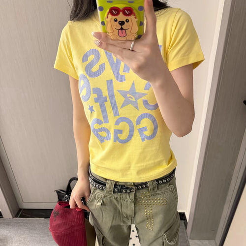 韩系亮色显瘦小个子辣妹短T恤