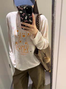 美式复古萌趣斑点狗印花长袖T恤女夏宽松慵懒风薄款防晒罩衫上衣