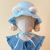 本守造原创手工毛绒小熊耳朵蓝白条纹系带渔夫帽春夏日系蓝白色