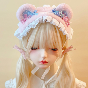 本守造原创手工毛绒小熊小糖果发带兽耳lolita蕾丝褶皱bnt粉蓝色