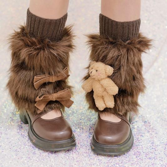 本守造原创小熊蝴蝶结长毛绒腿套