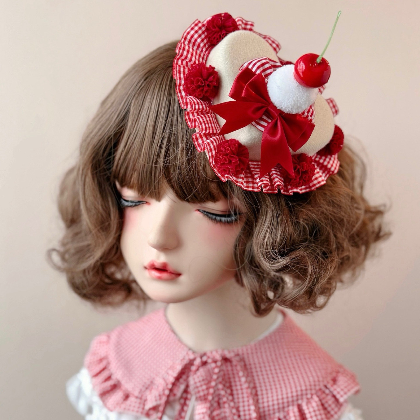 本守造原创手工樱桃奶油蝴蝶结白巧克力小蛋糕礼帽发夹Lolita红色