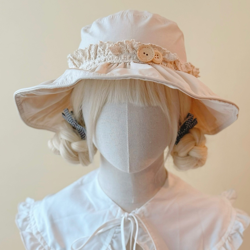 本守造原创纽扣蕾丝荷叶边渔夫帽