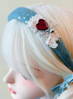 本守造原创手工爱心纽扣蕾丝星星印金牛仔布发箍头箍百搭甜美蓝色