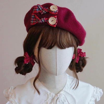 本守造原创纽扣蝴蝶结毛呢贝雷帽