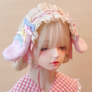 本守造原创手工糖果色蝴蝶结毛绒垂耳兔发带lolita兽耳bnt粉色