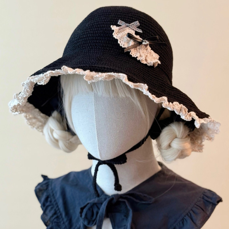 本守造原创手工蝴蝶结蕾丝钩针渔夫帽秋冬保暖黑色