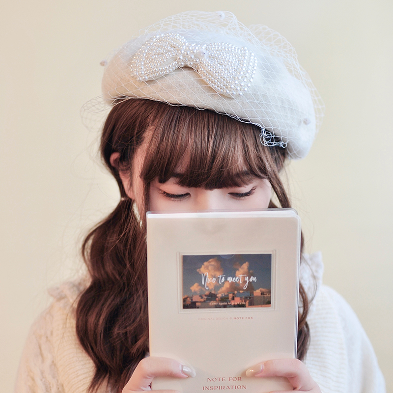 本守造原创手工网纱贝雷帽蝴蝶结珍珠毛呢秋冬保暖米白