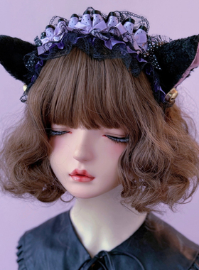 本守造原创手工波点铃铛小羊耳朵发箍兽耳lolita蕾丝kc黑色紫色
