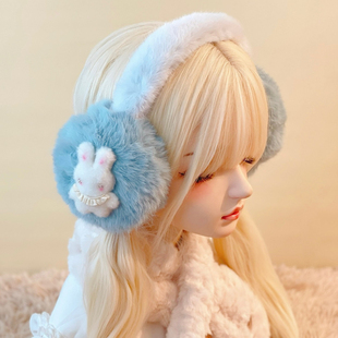 本守造原创手工小兔子蝴蝶结毛绒仿皮草耳罩日系保暖秋冬蓝色