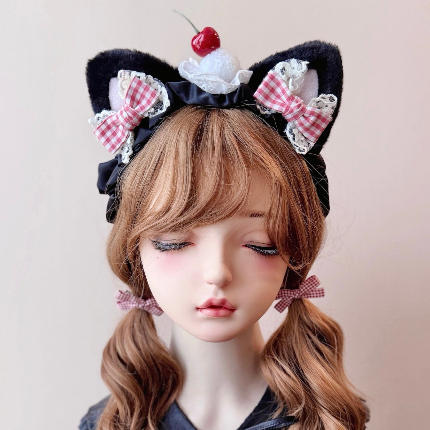 本守造原创手工红蝴蝶结樱桃小蛋糕猫耳发箍兽耳lolita毛绒kc黑色