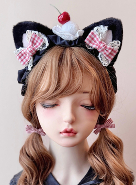 本守造原创手工红蝴蝶结樱桃小蛋糕猫耳发箍兽耳lolita毛绒kc黑色