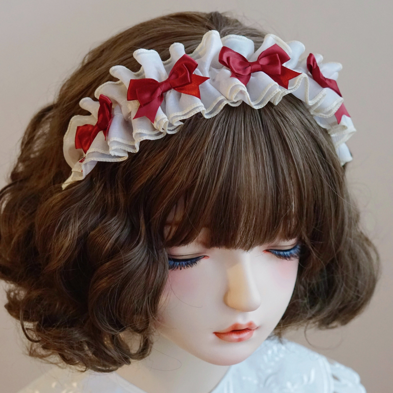 本守造原创手工红色酒红米白褶皱荷叶边发箍头箍lolita日韩日系