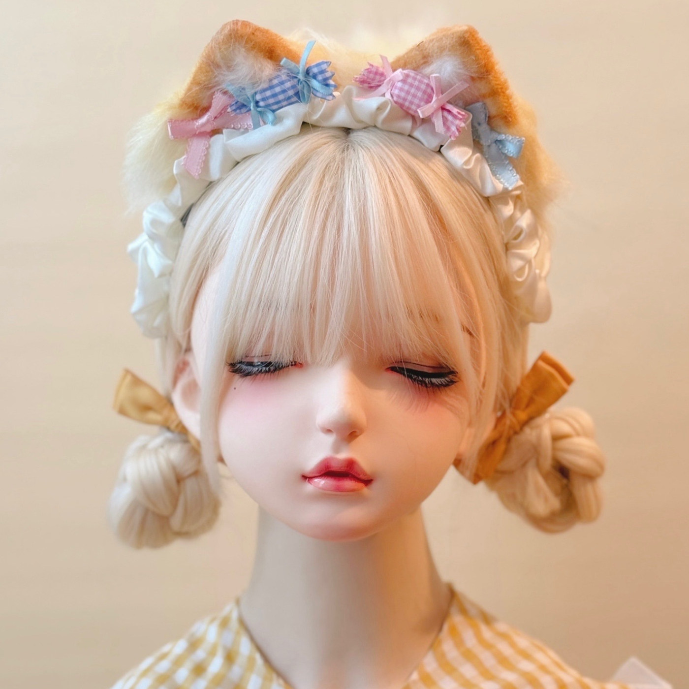 本守造原创手工粉蓝小格糖果毛绒猫耳发箍兽耳lolita毛绒kc黄色,饰品/流行首饰/时尚饰品新,发饰,淘宝优惠券,粉丝福利购,淘宝优惠卷