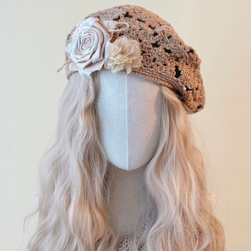 本守造原创手工绢花蕾丝钩花贝雷帽民族风波西米亚流浪风沙漠棕色