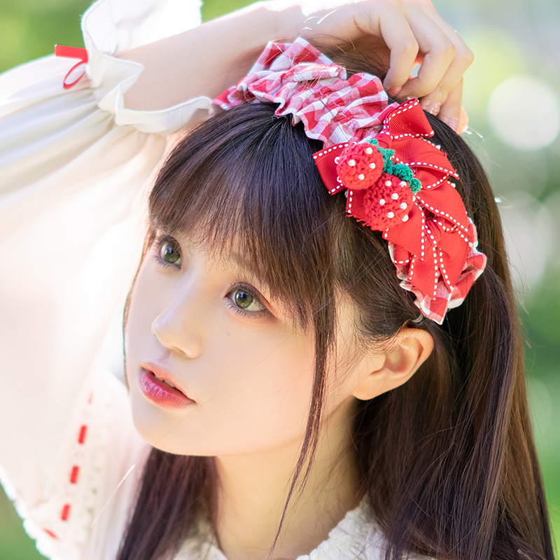 原创花边草莓红格子日韩风发箍