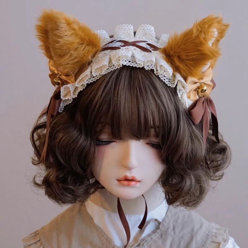 本守造原创手工小猫小熊狐狸发带发箍兽耳lolita蕾丝褶皱bnt棕色