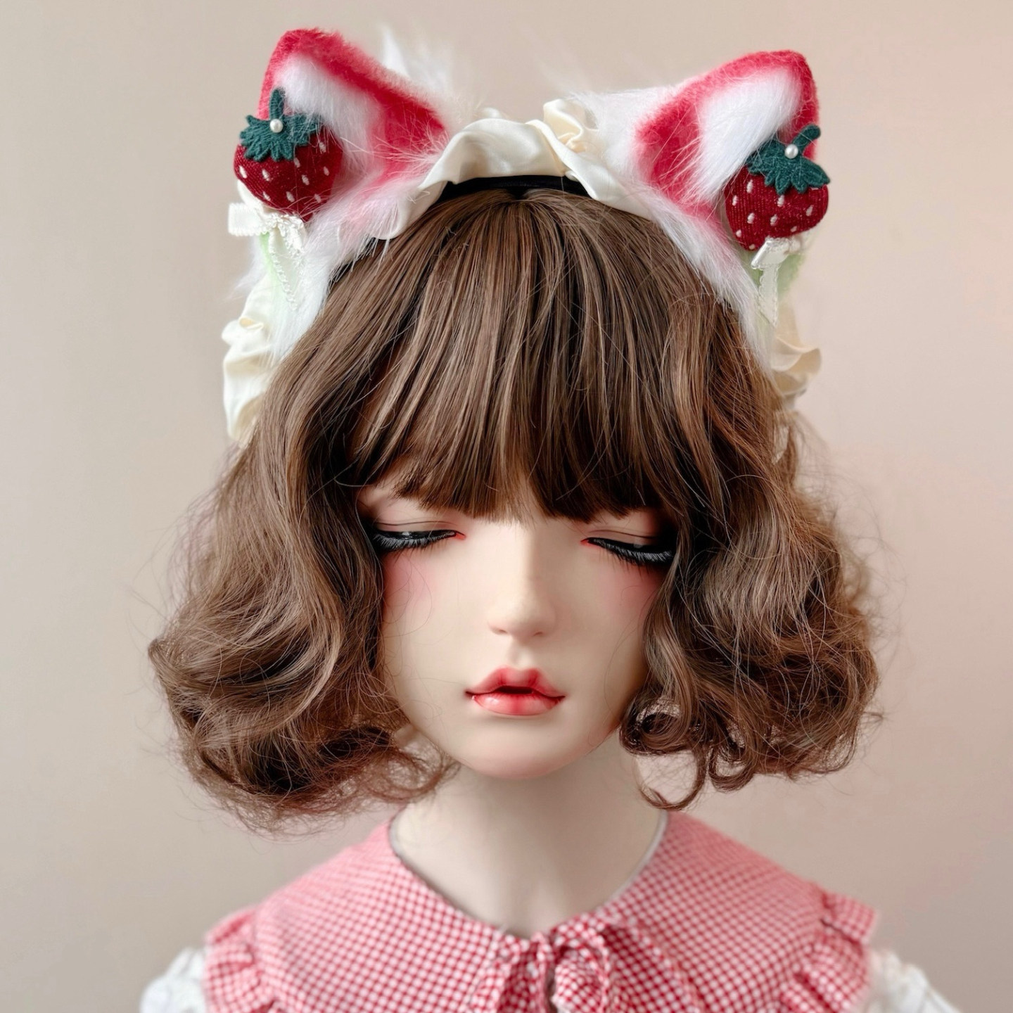 本守造原创手工草莓毛绒猫耳褶皱发箍兽耳lolita毛绒kc白色