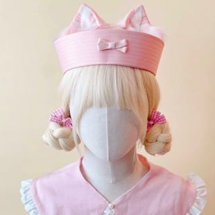 本守造原创手工毛绒猫耳蝴蝶结护士帽水手帽船长帽日系拍照粉色