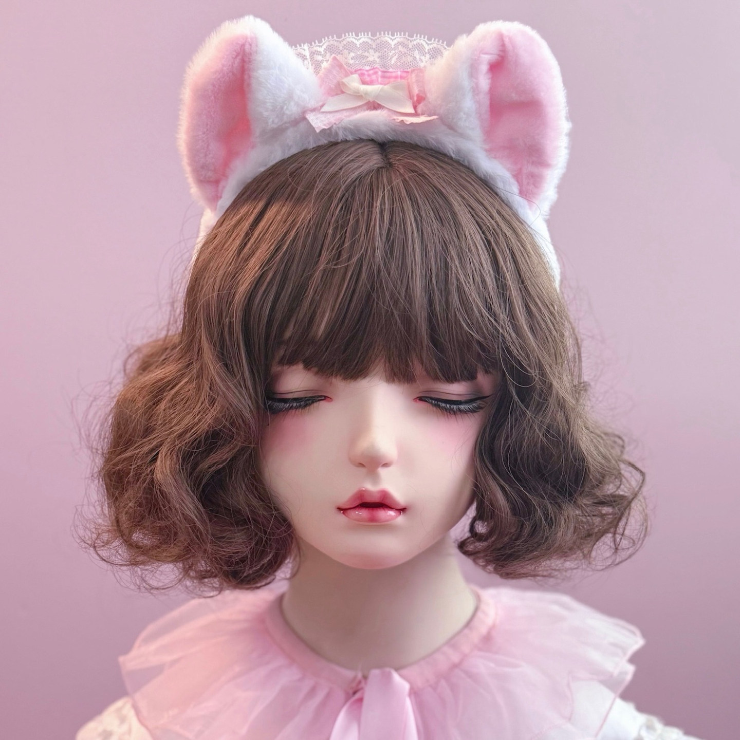 本守造原创手工格子蝴蝶结蕾丝毛绒猫耳发箍兽耳lolita粉色白色kc
