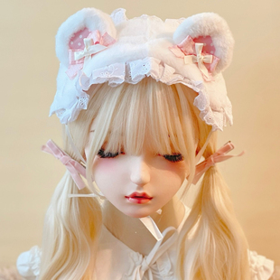 本守造原创手工毛绒小熊小糖果发带兽耳lolita蕾丝褶皱bnt白粉色
