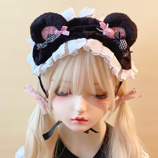 本守造原创手工毛绒小熊小糖果发带兽耳lolita蕾丝褶皱bnt黑粉色