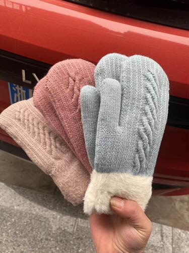 女士毛线双层手套加厚加绒保暖潮