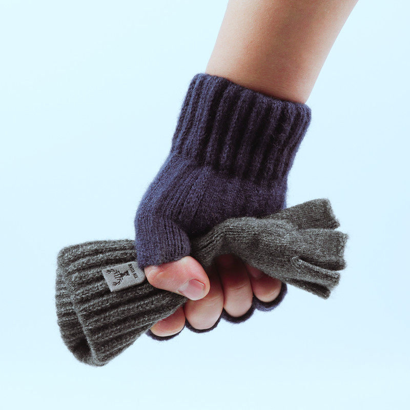 情侣半指手套男女冬季加厚保暖漏五指羊驼绒毛线针织学生写字半截