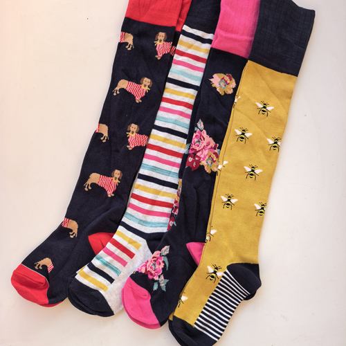 英单JOU女士竹纤维蜜蜂小狗印花高筒袜