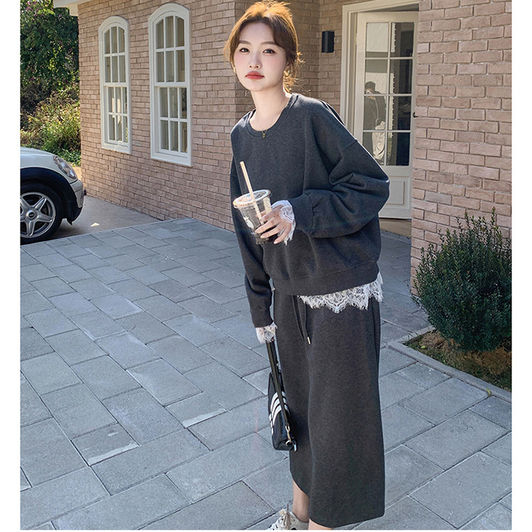 蕾丝拼接灰色休闲卫衣运动套装女春秋2025新款两件套减龄超火流行,女装套装/套裙,2C193