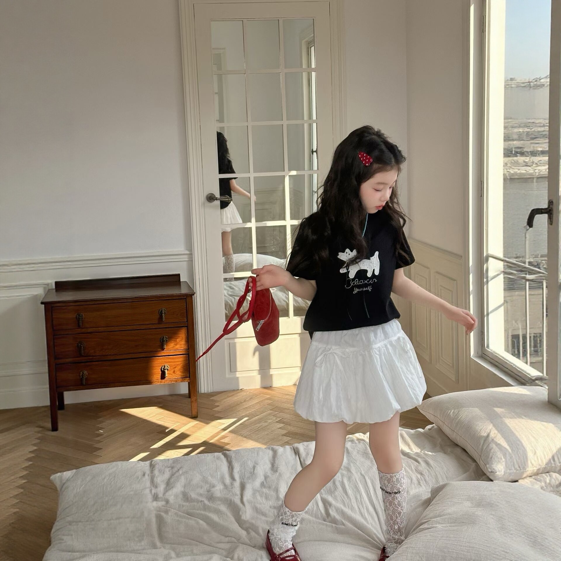 品牌童装2026春夏新款女童套装小狗短袖T恤+裙子两件套洋气时髦