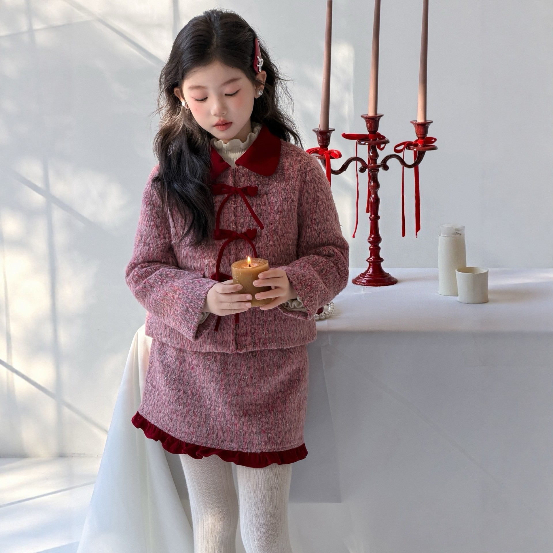 女童小香风套装2025秋冬新款儿童韩版洋气羽绒毛呢外套两件套粉色,童装/婴儿装/亲子装,套装,淘宝优惠券,粉丝福利购,淘宝优惠卷