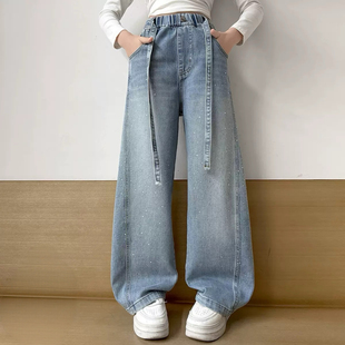 品牌童装2026春秋季女童时尚烫钻牛仔裤儿童超好看直筒裤阔腿裤子