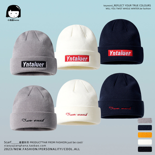 日系阿美咔叽复古潮牌双面重磅刺绣针织帽男保暖加厚套头毛线帽女