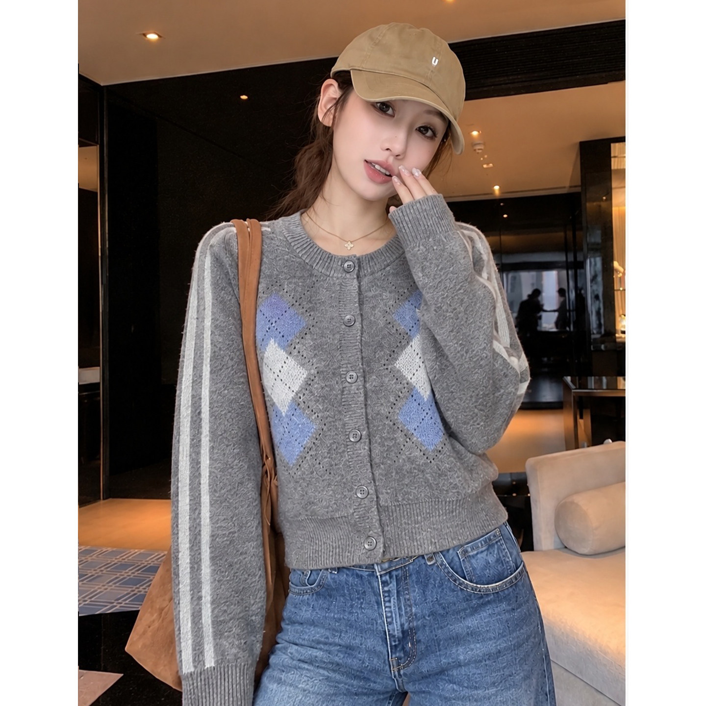 thumbnail for Vintage diamond jacquard knit cardigan for women, autumn single-breasted color-block striped sleeve short collegiate sweater jacket