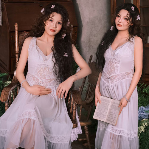 性感蕾丝吊带睡裙女深V透视网纱聚拢夏季长款复古高级感家居服
